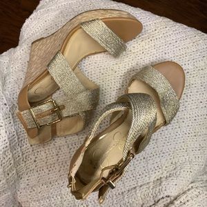 Jessica Simpson gold and cream wedges lightly worn